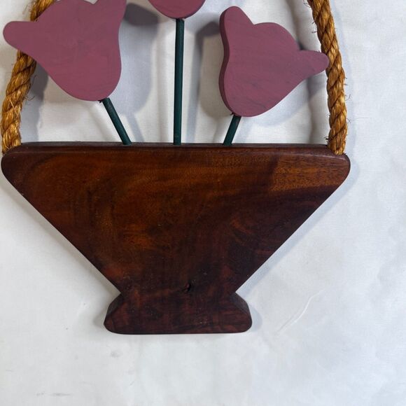 Boho Cottage Core Wooden Flower Basket Rope Handle Wall Decor Farmhouse Rustic - Picture 6 of 10